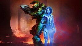 Das Bild zeigt zwei ikonische Charaktere aus dem Halo-Universum: einen schwer bewaffneten Soldaten in einer grünen Rüstung, bekannt als Master Chief, und eine weibliche Figur mit blauen Akzenten, die Cortana darstellt. Der Hintergrund ist düster und feurig, was eine dramatische und dynamische Atmosphäre schafft. Die beiden Charaktere stehen nebeneinander und scheinen bereit für den Kampf gegen die Bedrohungen, die sie in ihrer Welt erwarten. Die visuelle Darstellung unterstreicht die Kombination aus Action und Technologie, die für die Halo-Reihe typisch ist. Das Bild zeigt zwei ikonische Charaktere aus dem Halo-Universum: einen schwer bewaffneten Soldaten in einer grünen Rüstung, bekannt als Master Chief, und eine weibliche Figur mit blauen Akzenten, die Cortana darstellt. Der Hintergrund ist düster und feurig, was eine dramatische und dynamische Atmosphäre schafft. Die beiden Charaktere stehen nebeneinander und scheinen bereit für den Kampf gegen die Bedrohungen, die sie in ihrer Welt erwarten. Die visuelle Darstellung unterstreicht die Kombination aus Action und Technologie, die für die Halo-Reihe typisch ist.