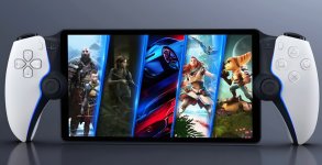 Das Bild zeigt ein PlayStation Portal, das von der Gestaltung her an einen Handheld erinnert. Auf dem Bildschirm sind verschiedene Spielegrafiken zu sehen, die ikonische Charaktere und Szenen aus bekannten Spielen darstellen. Die Steuerung ist in einem typischen PlayStation Design gehalten, mit weißen und schwarzen Elementen sowie den charakteristischen Knöpfen. Hintergrund und Rahmen sind schlicht gehalten, wodurch der Fokus auf dem Gerät und den Spielen liegt. Das Bild vermittelt das Gefühl von modernem Gaming und mobilität. Das Bild zeigt ein PlayStation Portal, das von der Gestaltung her an einen Handheld erinnert. Auf dem Bildschirm sind verschiedene Spielegrafiken zu sehen, die ikonische Charaktere und Szenen aus bekannten Spielen darstellen. Die Steuerung ist in einem typischen PlayStation Design gehalten, mit weißen und schwarzen Elementen sowie den charakteristischen Knöpfen. Hintergrund und Rahmen sind schlicht gehalten, wodurch der Fokus auf dem Gerät und den Spielen liegt. Das Bild vermittelt das Gefühl von modernem Gaming und mobilität.