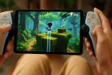 Das Bild zeigt eine Person, die ein tragbares Spielgerät in den Händen hält. Der Bildschirm des Geräts zeigt eine bunte, detaillierte Spielumgebung mit einem Charakter, der in einer fantasievollen Landschaft agiert. Um den Bildschirm herum sind die typischen Steuerungselemente zu sehen, die den Nutzer beim Spielen unterstützen. Die Szenerie wirkt lebendig und ansprechend, was darauf hinweist, dass es sich um ein actionreiches oder abenteuerliches Spiel handelt. Die Bildkomposition vermittelt ein modernes und dynamisches Gefühl des mobilen Gamings. Das Bild zeigt eine Person, die ein tragbares Spielgerät in den Händen hält. Der Bildschirm des Geräts zeigt eine bunte, detaillierte Spielumgebung mit einem Charakter, der in einer fantasievollen Landschaft agiert. Um den Bildschirm herum sind die typischen Steuerungselemente zu sehen, die den Nutzer beim Spielen unterstützen. Die Szenerie wirkt lebendig und ansprechend, was darauf hinweist, dass es sich um ein actionreiches oder abenteuerliches Spiel handelt. Die Bildkomposition vermittelt ein modernes und dynamisches Gefühl des mobilen Gamings.