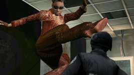 Das Bild zeigt eine dynamische Szene aus einem Videospiel, in der eine Figur mit einem auffälligen Outfit und Sonnenbrille in einer akrobatischen Bewegung zu sehen ist. Die Figur scheint einen Gegner anzuspringen oder zu attackieren, während sich im Hintergrund eine spärlich gestaltete Umgebung abzeichnet. Die Farbpalette ist lebhaft und weist einen hohen Kontrast auf, was der Szenerie eine energiegeladene Atmosphäre verleiht. Die Darstellung vermittelt ein Gefühl von Action und Spannung, das für viele Abenteuer- oder Kampfspiele typisch ist. Das Bild zeigt eine dynamische Szene aus einem Videospiel, in der eine Figur mit einem auffälligen Outfit und Sonnenbrille in einer akrobatischen Bewegung zu sehen ist. Die Figur scheint einen Gegner anzuspringen oder zu attackieren, während sich im Hintergrund eine spärlich gestaltete Umgebung abzeichnet. Die Farbpalette ist lebhaft und weist einen hohen Kontrast auf, was der Szenerie eine energiegeladene Atmosphäre verleiht. Die Darstellung vermittelt ein Gefühl von Action und Spannung, das für viele Abenteuer- oder Kampfspiele typisch ist.