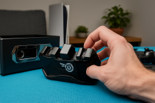 Das Bild zeigt eine handgehaltene Lade-Station für einen Controller, die in einem modernen, stylischen Design gestaltet ist. Die Station hat eine glatte Oberfläche und magnetische Pogo-Pins, die für ein sicheres Halten des Controllers sorgen. Im Hintergrund ist eine kompakte Konsole zu sehen, die in einem minimalistischen Gehäuse untergebracht ist. Die gesamte Szenerie wirkt aufgeräumt und technologisch ansprechend, was das innovative Konzept der Tiny PS5 Redux unterstreicht. Die Farben und Materialien sind modern und passen gut zusammen, wodurch ein elegantes Gaming-Setup vermittelt wird. Das Bild zeigt eine handgehaltene Lade-Station für einen Controller, die in einem modernen, stylischen Design gestaltet ist. Die Station hat eine glatte Oberfläche und magnetische Pogo-Pins, die für ein sicheres Halten des Controllers sorgen. Im Hintergrund ist eine kompakte Konsole zu sehen, die in einem minimalistischen Gehäuse untergebracht ist. Die gesamte Szenerie wirkt aufgeräumt und technologisch ansprechend, was das innovative Konzept der Tiny PS5 Redux unterstreicht. Die Farben und Materialien sind modern und passen gut zusammen, wodurch ein elegantes Gaming-Setup vermittelt wird.