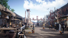 Das Bild zeigt eine lebendige Strassenszene aus einem historischen Setting, das an das China des 10. Jahrhunderts erinnert. Im Vordergrund sitzen zwei Personen an einem Tisch; eine Person trinkt aus einer Tasse, während die andere aufmerksam zusieht. Um sie herum bewegen sich Menschen durch die Marktstände, die mit bunten Lichtern und Dekorationen geschmückt sind. Tiere, darunter Hunde und Hühner, sind ebenfalls sichtbar, was der Szene eine zusätzliche Lebendigkeit verleiht. Der Himmel ist klar und blau, und es gibt eine Vielzahl von kulturellen Elementen, die auf eine traditionelle asiatische Marktatmosphäre hinweisen.