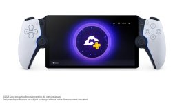 Das Bild zeigt ein modernes Handheld-Gerät mit einem Bildschirm, auf dem ein Cloud-Logo und das PlayStation Plus-Symbol abgebildet sind. An beiden Seiten des Bildschirms befinden sich Steuerknüppel und Tasten, die an einen PlayStation-Controller erinnern. Die Benutzeroberfläche ist in einem klaren, futuristischen Design gehalten, mit einem dunklen Hintergrund und leuchtenden, farbigen Elementen, die den Fokus auf das Cloud-Gaming-Konzept legen. Die Darstellung vermittelt den Eindruck von Mobilität und modernem Gaming.