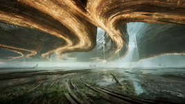 Das Bild zeigt eine beeindruckende, futuristische Landschaft mit einer dramatischen, geschwungenen Struktur am Himmel, die in warmen, goldenen Tönen leuchtet. Diese Struktur scheint aus einem festeren Material zu bestehen und erhebt sich über einer zerklüfteten, mit Wasser gefüllten Fläche. Im Vordergrund sind verstreut einige Pflanzen sichtbar, während im Hintergrund eine weite, fast mystische Landschaft mit sanften Hügeln und einem klaren Himmel zu sehen ist. Die Kombination aus den organischen und architektonischen Elementen erzeugt eine Atmosphäre von Geheimnis und Faszination.