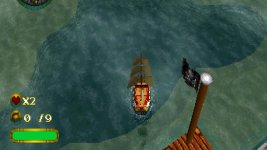 Das Bild zeigt eine Ansicht eines kleinen Schiffes, das auf einem ruhigen Gewässer kreuzt. Die Perspektive ist von oben und lässt die Bewegung des Schiffs auf dem Wasser gut erkennen. Es ist ein Piratenschiff mit einem markanten Segel und einer charakteristischen Fahne. Im unteren Bereich des Bildes sind einige Statusanzeigen sichtbar, darunter Herzen und eine Zähleranzeige, die auf ein Spiel hindeuten. Die Farben sind lebendig und die Grafik hat einen nostalgischen Charme, typisch für ältere Videospiele. Das Bild zeigt eine Ansicht eines kleinen Schiffes, das auf einem ruhigen Gewässer kreuzt. Die Perspektive ist von oben und lässt die Bewegung des Schiffs auf dem Wasser gut erkennen. Es ist ein Piratenschiff mit einem markanten Segel und einer charakteristischen Fahne. Im unteren Bereich des Bildes sind einige Statusanzeigen sichtbar, darunter Herzen und eine Zähleranzeige, die auf ein Spiel hindeuten. Die Farben sind lebendig und die Grafik hat einen nostalgischen Charme, typisch für ältere Videospiele.