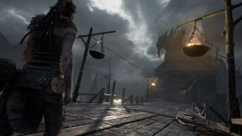 Das Bild zeigt eine düstere, stimmungsvolle Szene aus dem Spiel Hellblade: Senua's Sacrifice. Im Vordergrund steht Senua, eine Kriegerin, die mit einem eindringlichen Blick in die Ferne schaut. Sie trägt eine Rüstung, die von einer raue Ästhetik geprägt ist und von ihrem langen, dunklen Haar ergänzt wird. Im Hintergrund ist eine bedrohliche, von dunklen Wolken überzogene Landschaft zu sehen, die eine geheimnisvolle Atmosphäre erzeugt. Der steinerne Boden und die weitläufige Brücke verleihen dem Bild eine ergreifende Tiefe, während flackernde Fackeln und ein ominöses Gebäude im Hintergrund das Gefühl von Gefahr und Abenteuer verstärken.'s Sacrifice. Im Vordergrund steht Senua, eine Kriegerin, die mit einem eindringlichen Blick in die Ferne schaut. Sie trägt eine Rüstung, die von einer raue Ästhetik geprägt ist und von ihrem langen, dunklen Haar ergänzt wird. Im Hintergrund ist eine bedrohliche, von dunklen Wolken überzogene Landschaft zu sehen, die eine geheimnisvolle Atmosphäre erzeugt. Der steinerne Boden und die weitläufige Brücke verleihen dem Bild eine ergreifende Tiefe, während flackernde Fackeln und ein ominöses Gebäude im Hintergrund das Gefühl von Gefahr und Abenteuer verstärken. Das Bild zeigt eine düstere, stimmungsvolle Szene aus dem Spiel Hellblade: Senua's Sacrifice. Im Vordergrund steht Senua, eine Kriegerin, die mit einem eindringlichen Blick in die Ferne schaut. Sie trägt eine Rüstung, die von einer raue Ästhetik geprägt ist und von ihrem langen, dunklen Haar ergänzt wird. Im Hintergrund ist eine bedrohliche, von dunklen Wolken überzogene Landschaft zu sehen, die eine geheimnisvolle Atmosphäre erzeugt. Der steinerne Boden und die weitläufige Brücke verleihen dem Bild eine ergreifende Tiefe, während flackernde Fackeln und ein ominöses Gebäude im Hintergrund das Gefühl von Gefahr und Abenteuer verstärken.'s Sacrifice. Im Vordergrund steht Senua, eine Kriegerin, die mit einem eindringlichen Blick in die Ferne schaut. Sie trägt eine Rüstung, die von einer raue Ästhetik geprägt ist und von ihrem langen, dunklen Haar ergänzt wird. Im Hintergrund ist eine bedrohliche, von dunklen Wolken überzogene Landschaft zu sehen, die eine geheimnisvolle Atmosphäre erzeugt. Der steinerne Boden und die weitläufige Brücke verleihen dem Bild eine ergreifende Tiefe, während flackernde Fackeln und ein ominöses Gebäude im Hintergrund das Gefühl von Gefahr und Abenteuer verstärken.