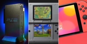 Das Bild zeigt drei verschiedene Spielekonsolen nebeneinander. Links ist die PlayStation 2 zu sehen, die mit ihrer klassischen Form und der Bezeichnung gut erkennbar ist. In der Mitte befindet sich der Nintendo DS, dessen Klappdesign und zwei Bildschirme auffallen. Rechts sieht man die Nintendo Switch, die mit ihrem modernen, minimalistischen Design und dem auffälligen Farbton hervorsticht. Die Anordnung der Konsolen unterstreicht die Bedeutung und den Einfluss, den jede von ihnen in der Gaming-Welt hatte. Das Bild zeigt drei verschiedene Spielekonsolen nebeneinander. Links ist die PlayStation 2 zu sehen, die mit ihrer klassischen Form und der Bezeichnung gut erkennbar ist. In der Mitte befindet sich der Nintendo DS, dessen Klappdesign und zwei Bildschirme auffallen. Rechts sieht man die Nintendo Switch, die mit ihrem modernen, minimalistischen Design und dem auffälligen Farbton hervorsticht. Die Anordnung der Konsolen unterstreicht die Bedeutung und den Einfluss, den jede von ihnen in der Gaming-Welt hatte.