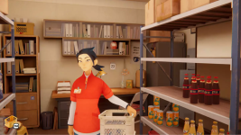 Das Bild zeigt einen virtuellen Charakter in einem kleinen Tante-Emma-Laden. Der Charakter trägt ein rotes T-Shirt mit einer Namensschilder und steht neben einem Regal mit diversen Getränken. Im Hintergrund sind Regale mit Aktenordnern und anderen Gegenständen zu sehen, die eine gemütliche, retro Atmosphäre vermitteln. Der Raum wirkt ordentlich und einladend, perfekt für eine entspannende Simulation im Stil eines Cosy Sims. Das Bild zeigt einen virtuellen Charakter in einem kleinen Tante-Emma-Laden. Der Charakter trägt ein rotes T-Shirt mit einer Namensschilder und steht neben einem Regal mit diversen Getränken. Im Hintergrund sind Regale mit Aktenordnern und anderen Gegenständen zu sehen, die eine gemütliche, retro Atmosphäre vermitteln. Der Raum wirkt ordentlich und einladend, perfekt für eine entspannende Simulation im Stil eines Cosy Sims.