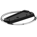 Das Bild zeigt eine schwarze, flache Basis mit einer runden, glitzernden Umrandung. Die Basis hat eine rechteckige Form mit einem Ausschnitt in der Mitte, was darauf hindeutet, dass sie als Halterung für ein Gerät dienen könnte. Die Kombination aus Schwarz und dem glänzenden Metallring verleiht dem Objekt ein elegantes Aussehen. Dieses Zubehör scheint für die Verwendung mit einer Spielkonsole konzipiert zu sein und bietet eine praktische Lösung für Aufbewahrung oder Präsentation.