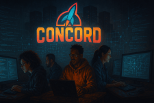 Das Bild zeigt eine Gruppe von vier Personen, die intensiv an Computern arbeiten. Im Hintergrund ist die Schrift „CONCORD“ in leuchtenden Farben zu sehen. Die Umgebung wirkt technisch und futuristisch, angedeutet durch Codes und Diagramme an der Wand. Die Personen sind konzentriert, zwei von ihnen schauen auf ihren Bildschirm, während eine Person tippt. Ihre Gesichtsausdrücke deuten auf Engagement und Leidenschaft für das Projekt hin. Die Dunkelheit des Raumes wird durch die Bildschirme und das Logo erhellt, was die Atmosphäre von Innovation und Zusammenarbeit unterstreicht.