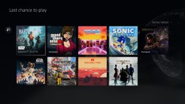 Das Bild zeigt eine Bildschirmansicht der PlayStation-Oberfläche mit einer Auswahl von Spielen, die bald nicht mehr über PS Plus verfügbar sind. Im oberen Bereich steht der Text Last chance to play. Darunter sind neun Spiele präsentiere, darunter große Titel wie Battlefield 2042, Grand Theft Auto 3: The Definitive Edition, Sonic Frontiers und andere. Die Spiele sind in quadratischen Kästchen angeordnet, die Illustrationen der jeweiligen Cover zeigen. Die Gestaltung wirkt modern und aufgeräumt, was die Nutzer gleich auf die bevorstehenden Veränderungen im PS Plus-Katalog hinweist.