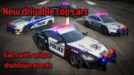 Das Bild zeigt vier neue Polizeiwagen aus einem Update für das Spiel Wreckreation. Die Fahrzeuge sind auf einer Straße angeordnet, dabei beleuchten die Blaulichter die Umgebung. Jeder Wagen hat ein einzigartiges Design und es ist gut zu erkennen, dass sie für Verfolgungsjagden und verschiedene Gaming-Events genutzt werden können. Die Aufschrift auf dem Bild hebt hervor, dass diese Polizeiwagen spezielle Shutdown-Events bieten, was die aufregende Action im Spiel verstärkt.