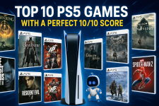 Das Bild zeigt eine stylische Anordnung von PlayStation 5-Spielen, die alle eine perfekte Bewertung von 10/10 erhalten haben. Im Zentrum steht die PS5-Konsole, umgeben von Spielverpackungen bekannter Titel wie Demon's Souls, Resident Evil 4 und God of War Ragnarök. Die Bildkomposition wird von einem in blauer Farbe gehaltenen Hintergrund ergänzt, der eine technische und moderne Atmosphäre vermittelt. Auch ein kleiner Roboter, der die Konsole repräsentiert, ist zu sehen, was dem Bild einen spielerischen Akzent verleiht. Oben ist der Titel Top 10 PS5 Games with a Perfect 10/10 Score zu lesen, was die Exklusivität und die hohe Qualität dieser Spiele hervorhebt.'s Souls, Resident Evil 4 und God of War Ragnarök. Die Bildkomposition wird von einem in blauer Farbe gehaltenen Hintergrund ergänzt, der eine technische und moderne Atmosphäre vermittelt. Auch ein kleiner Roboter, der die Konsole repräsentiert, ist zu sehen, was dem Bild einen spielerischen Akzent verleiht. Oben ist der Titel Top 10 PS5 Games with a Perfect 10/10 Score zu lesen, was die Exklusivität und die hohe Qualität dieser Spiele hervorhebt.