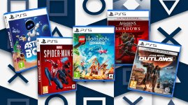 Das Bild zeigt mehrere PS5-Spieleverpackungen, die in einer ansprechenden Anordnung präsentiert sind. Im Vordergrund sieht man die Cover von Spielen wie Astro Bot, Marvel's Spider-Man 2, Lego Horizon Adventures, Assassin's Creed Shadows Limited Edition und Star Wars Outlaws. Die Verpackungen sind klar und farbenfroh gestaltet, während der Hintergrund in einem modernen Muster gehalten ist, das grafische Elemente zeigt, die typischerweise mit der PlayStation in Verbindung stehen. Die Komposition vermittelt ein Gefühl von Vorfreude auf das Spielen und hebt die Vielfalt der angebotenen Spiele hervor.'s Spider-Man 2, Lego Horizon Adventures, Assassin's Creed Shadows Limited Edition und Star Wars Outlaws. Die Verpackungen sind klar und farbenfroh gestaltet, während der Hintergrund in einem modernen Muster gehalten ist, das grafische Elemente zeigt, die typischerweise mit der PlayStation in Verbindung stehen. Die Komposition vermittelt ein Gefühl von Vorfreude auf das Spielen und hebt die Vielfalt der angebotenen Spiele hervor.