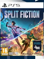 Das Bild zeigt das Cover des Spiels Split Fiction für die PlayStation 5. Im Vordergrund sind zwei Figuren abgebildet, die in futuristischen Kostümen animierte Aktionen ausführen. Die Farbgestaltung reicht von leuchtendem Blau bis zu lebhaften Akzenten, die eine dynamische und abenteuerliche Atmosphäre erzeugen. Das Logo der PS5 sowie andere Informationen zu Altersfreigabe und Herausgeber sind ebenfalls sichtbar. Insgesamt vermittelt das Cover den Eindruck eines spannenden, kooperativen Spielerlebnisses.