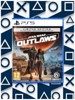 Das Bild zeigt das Cover des Spiels Star Wars Outlaws in der Limited Edition für die PS5. Der Hintergrund ist in geometrischen Mustern in Blau und Weiß gehalten. Besonders auffällig sind die Charaktere auf dem Cover, die in einer actionreichen Szene abgebildet sind. Neben dem Spieltitel sind auch Hinweise zur Altersfreigabe sowie Informationen zum zusätzlichen digitalen Inhalt zu sehen. Das Design kombiniert Elemente aus dem Star Wars-Universum mit einer modernen Präsentation, die die Leser auf interessante Spielinhalte aufmerksam macht.