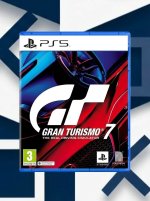 Das Bild zeigt die Verpackung des Spiels Gran Turismo 7 für die PlayStation 5. Die Vorderseite des Covers ist geprägt von einem dynamischen Design in kräftigen Farben, das ein Auto in Szene setzt. Der Titel des Spiels ist auffällig in einer großen Schriftart platziert. Unten sind zusätzliche Informationen wie das Alterskennzeichen und das Logo des Entwicklers zu sehen. Im Hintergrund ist eine geometrische Struktur, die dem Gesamtbild einen modernen und stylischen Look verleiht.