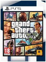 Das Bild zeigt das Cover des Spiels Grand Theft Auto V für die PlayStation 5. Es besteht aus verschiedenen Comic-ähnlichen Illustrationen, die Charaktere und Szenen aus dem Spiel darstellen, darunter Autos, ein Hubschrauber und eine düstere Stadtlandschaft. Die dominierenden Farben sind Blau, Gelb und Rosa, und das Cover trägt das Logo der PlayStation 5 sowie eine Altersfreigabe von 18 Jahren. Der Titel Grand Theft Auto V ist deutlich in der Mitte platziert. Die Gesamtästhetik vermittelt ein actiongeladenes und urbanes Gameplay.