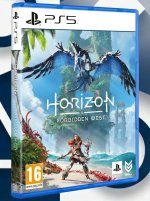 Das Bild zeigt die Verpackung des Spiels Horizon Forbidden West. Auf der Vorderseite ist eine actionreiche Grafik abgebildet, die einen Charakter in einer tropischen Umgebung zeigt. Der Charakter hält eine Waffe und steht vor einer fantastischen Landschaft mit futuristischen Maschinen und einer üppigen Natur. Der Schriftzug Horizon Forbidden West hebt sich deutlich hervor. Im Hintergrund sind verschwommene Elemente auszumachen, während das PS5-Logo und Alterskennzeichnungen gut sichtbar sind. Die Farbgestaltung ist lebhaft und zieht sofort die Aufmerksamkeit auf sich.