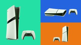 Das Bild zeigt eine PlayStation 5 in zwei verschiedenen Versionen, die auf bunten Hintergründen platziert sind. Auf der linken Seite steht die PS5 Slim in einem vertikalen Design, während die PS5 Pro auf der rechten Seite in horizontaler Position dargestellt ist. Beide Konsolen sind in einem modernen weißen Design gehalten, das mit grünen Akzenten versehen ist. Neben der Konsolen sind jeweils die dazugehörigen Controller abgebildet. Die Farben des Hintergrunds sind hellgrün, blau und orange, was eine lebendige und ansprechende Optik schafft.