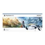 Das Bild zeigt die Verpackung des PlayStation VR2 im Horizon Call of the Mountain Bundle. Die Box hat ein modernes Design mit einer Darstellung aus der Spielwelt von Horizon und enthält das VR-Headset sowie die nötigen Controller. Die grafischen Elemente auf der Verpackung betonen die immersive Erlebnisse, die Spieler mit dieser Virtual-Reality-Technologie erwarten können. Das Gesamtbild vermittelt einen Eindruck von Abenteuer und technologischer Innovation.