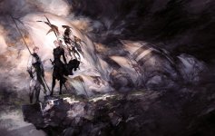 Das Bild zeigt zwei Charaktere, die auf einer Kante stehen und Flaggen halten. Der Hintergrund ist düster und dramatisch, mit stürmischen Wolken und einem unruhigen Himmel. Die Charaktere sind in detaillierten, auffälligen Outfits gekleidet, die einen Hauch von Fantasy oder epischer Erzählung vermitteln. Die Szene strahlt eine Atmosphäre von Entschlossenheit und Abenteuer aus, während die Kontraste zwischen Licht und Schatten eine spannende Stimmung erzeugen. Alles in allem vermittelt das Bild eine eindrucksvolle und mystische Szenerie.