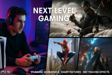 Das Bild zeigt einen konzentrierten Gamer, der an einem Tisch sitzt und eine PlayStation 5 in der Nähe hat. Er trägt Kopfhörer und hält einen Controller in der Hand, während er auf einen Bildschirm schaut, auf dem verschiedene Spielgrafiken angezeigt werden. In der oberen Mitte des Bildes steht der Schriftzug NEXT LEVEL GAMING. Die angezeigten Spiele umfassen Ghost of Tsushima, Spider-Man und Final Fantasy VII, die durch detaillierte grafische Darstellungen und beeindruckende Effekte hervorgehoben werden. Die Atmosphäre wirkt modern und ansprechend, was das spannende Erlebnis des Gamings unterstreicht.