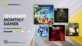 Das Bild zeigt eine Grafik zu den monatlichen Spielen für Dezember, die über PlayStation Plus verfügbar sind. In der Mitte ist das Logo von PlayStation Plus zu sehen. Um das Logo angeordnet sind die Cover von fünf Spielen: LEGO Horizon Adventures, The Outlast Trials, Killing Floor 3, Neon White und Synduality: Echo of Ada. Die Spiele repräsentieren verschiedene Genres und dynamische Spielstile, und die Gesamtästhetik der Grafik vermittelt ein ansprechendes und modernes Design, das die Vorfreude auf die neuen Releases unterstreicht.