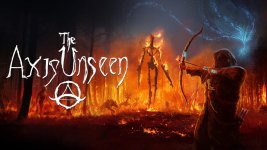 Das Bild zeigt eine düstere und atmosphärische Szene aus dem Spiel The Axis Unseen. Im Vordergrund steht ein Bogenschütze, der bereit ist, einen Pfeil abzuschießen. Der Hintergrund ist von flammenden lodernden Feuern und mysteriösen Schattenfiguren geprägt, die an Monster aus alten Legenden erinnern. Der Himmel ist von magischen Zeichen durchzogen, die dem Bild eine weitere Dimension verleihen. Insgesamt vermittelt die Komposition ein Gefühl von Gefahr und Abenteuer, das die Spieler in die Horror-Jagd-Welt des Spiels eintauchen lässt.