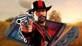 In dem Bild ist eine stilisierte Darstellung eines Charakters aus einem Wild-West-Setting zu sehen, der eine Waffe hält. Der Hintergrund zeigt eine Landschaft, die an die Weiten des amerikanischen Westens erinnert, mit einem sanften Farbverlauf, der auf einen Sonnenuntergang hindeutet. Im Vordergrund ist eine tragbare Spielkonsole zu sehen, die mit dem Charakterbildschirm kombiniert ist. Dies vermittelt den Eindruck, dass das Spiel auf dieser Konsole gespielt wird, und suggeriert eine Verbindung zwischen dem klassischen Spiel und der modernen Gaming-Technologie.