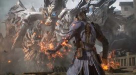 In dem Bild sieht man eine spannende Szene aus dem Spiel The God Slayer. Ein Charakter mit langen Haaren und einem blauen Outfit steht im Vordergrund und konzentriert sich auf seine Elementarkräfte. Vor ihm erhebt sich ein majestätischer mechanischer Gegner, der mit Rüstungsteilen und glühenden Elementen ausgestattet ist. Der Kontrast zwischen den traditionellen Elementen des Charakters und der futuristischen Maschinenästhetik schafft eine beeindruckende Steampunk-Atmosphäre. Die Umgebung wirkt dynamisch und actionreich, was auf einen bevorstehenden Kampf hindeutet.