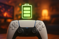 Das Bild zeigt einen PS5 Controller im Vordergrund, vor einem unscharfen Hintergrund. Über dem Controller schwebt ein leuchtendes, grünes Batteriesymbol, das aufgeladen oder leistungsstark wirkt. Die Szenerie ist gemütlich mit warmem, diffusem Licht, das eine entspannte Gaming-Atmosphäre vermittelt. Der Fokus liegt auf dem Controller, der sowohl modern als auch technisch ausgefeilt aussieht.