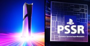 Das Bild zeigt die stilisierte Darstellung der PlayStation 5 Pro sowie das Logo von PlayStation Spectral Super Resolution (PSSR), welche das futuristische Design und technische Innovation hervorheben.