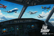 Das Bild zeigt das Cockpit eines Flugzeugs mit Blick nach draußen. Durch die Fenster sind mehrere verschiedene Flugzeuge zu sehen, darunter ein großes Passagierflugzeug, eine kleine Sportmaschine sowie ein Privatjet. Der Himmel ist klar und blau mit einigen Wolken, während die Berglandschaft am Horizont sichtbar ist. Im Vordergrund sind die Bedienelemente des Cockpits zu erkennen, die modern und detailliert gestaltet sind. Unten rechts ist der Titel Microsoft Flight Simulator 2024 sowie das PS5-Logo eingefügt.