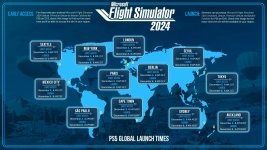 Das Bild zeigt eine Weltkarte, die die globalen Startzeiten des Microsoft Flight Simulator 2024 für die PlayStation 5 hervorhebt. In verschiedenen Städten sind die Zeitpunkte für den Early Access und den offiziellen Launch markiert. Die Städte sind unter anderem Seattle, New York, London, Berlin, Tokio und Sydney. Jede Stadt hat eine genaue Uhrzeit angegeben, zu der die Flugsimulation für die jeweiligen Zeitzonen verfügbar ist. Die Darstellung weist visuelle Elemente wie Icons und Linien auf, die die verschiedenen Standorte verbinden und die globale Reichweite des Spiels betonen. Die Karte vermittelt ein Gefühl der Vorfreude auf den Release und die Möglichkeit, virtuell zu fliegen. Das Bild zeigt eine Weltkarte, die die globalen Startzeiten des Microsoft Flight Simulator 2024 für die PlayStation 5 hervorhebt. In verschiedenen Städten sind die Zeitpunkte für den Early Access und den offiziellen Launch markiert. Die Städte sind unter anderem Seattle, New York, London, Berlin, Tokio und Sydney. Jede Stadt hat eine genaue Uhrzeit angegeben, zu der die Flugsimulation für die jeweiligen Zeitzonen verfügbar ist. Die Darstellung weist visuelle Elemente wie Icons und Linien auf, die die verschiedenen Standorte verbinden und die globale Reichweite des Spiels betonen. Die Karte vermittelt ein Gefühl der Vorfreude auf den Release und die Möglichkeit, virtuell zu fliegen.