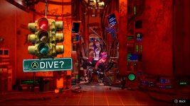 Das Bild zeigt einen futuristischen Raum, der in leuchtenden Rottönen beleuchtet ist. Im Vordergrund sitzt eine junge, männliche Figur auf einem Stuhl umgeben von Kabeln und technischen Geräten. Die Person trägt eine bunte Jacke und sieht erstaunt oder nachdenklich aus. Über ihm hängt eine Ampel mit rotem Licht, während ein Schild mit der Aufschrift A DIVE? ins Bild gerückt ist. Im Hintergrund sind verschiedene Bildschirme und Geräte erkennbar, die dem Raum einen technischen und chaotischen Charakter verleihen. Die gesamte Szene strahlt eine Mischung aus urbanem Flair und einer surrealen Atmosphäre aus. Das Bild zeigt einen futuristischen Raum, der in leuchtenden Rottönen beleuchtet ist. Im Vordergrund sitzt eine junge, männliche Figur auf einem Stuhl umgeben von Kabeln und technischen Geräten. Die Person trägt eine bunte Jacke und sieht erstaunt oder nachdenklich aus. Über ihm hängt eine Ampel mit rotem Licht, während ein Schild mit der Aufschrift A DIVE? ins Bild gerückt ist. Im Hintergrund sind verschiedene Bildschirme und Geräte erkennbar, die dem Raum einen technischen und chaotischen Charakter verleihen. Die gesamte Szene strahlt eine Mischung aus urbanem Flair und einer surrealen Atmosphäre aus.