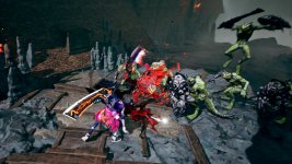 Das Bild zeigt eine dynamische Szene aus einem Action-RPG, in der der Protagonist, ein Zombie namens Davy, gegen eine Gruppe von feindlichen Kreaturen kämpft. Davy ist in farbenfroher, unkonventioneller Kleidung gekleidet und schwingt eine große, auffällige Waffe, während er sich in einer angespannten Kampfsituation befindet. Die Gegner sind schaurige, comicartige Kreaturen wie grüne Echsenmenschen und Skelette, die ihn attackieren. Der Hintergrund vermittelt eine düstere, aber lebendige Atmosphäre, die den energiegeladenen und humorvollen Stil des Spiels unterstreicht. Die gesamte Szene strahlt Action und Chaos aus, perfekt passend zu dem trashigen und unterhaltsamen Konzept des Spiels. Das Bild zeigt eine dynamische Szene aus einem Action-RPG, in der der Protagonist, ein Zombie namens Davy, gegen eine Gruppe von feindlichen Kreaturen kämpft. Davy ist in farbenfroher, unkonventioneller Kleidung gekleidet und schwingt eine große, auffällige Waffe, während er sich in einer angespannten Kampfsituation befindet. Die Gegner sind schaurige, comicartige Kreaturen wie grüne Echsenmenschen und Skelette, die ihn attackieren. Der Hintergrund vermittelt eine düstere, aber lebendige Atmosphäre, die den energiegeladenen und humorvollen Stil des Spiels unterstreicht. Die gesamte Szene strahlt Action und Chaos aus, perfekt passend zu dem trashigen und unterhaltsamen Konzept des Spiels.