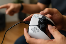 Das Bild zeigt eine Hand, die einen PlayStation 5 Controller hält. Ein USB-Kabel ist angeschlossen, was darauf hinweist, dass der Controller möglicherweise an einen Computer angeschlossen ist. Im Hintergrund sind unscharfe Hände zu sehen, die darauf hinweisen, dass sich eine weitere Person in der Nähe befindet. Die Szene vermittelt eine aktive Gaming-Umgebung, in der möglicherweise gerade an der Lösung eines technischen Problems gearbeitet wird.