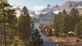 Das Bild zeigt eine malerische, weitläufige Landschaft mit majestätischen Bergen im Hintergrund und einem ruhigen Gewässer im Vordergrund. Umgeben von hohen Tannenbäumen sind am Ufer einige Gebäude sichtbar, die in einem rustikalen Stil errichtet sind, was auf eine kleine Siedlung hindeutet. Die gesamte Szene wirkt friedlich und einladend, mit sanften Lichtverhältnissen, die eine harmonische und naturnahe Atmosphäre erzeugen. Die Kombination aus Wasser, Bäumen und Bergen vermittelt ein Gefühl von Abenteuer und Freiheit, das gut zum Thema des Wilden Westens passt. Das Bild zeigt eine malerische, weitläufige Landschaft mit majestätischen Bergen im Hintergrund und einem ruhigen Gewässer im Vordergrund. Umgeben von hohen Tannenbäumen sind am Ufer einige Gebäude sichtbar, die in einem rustikalen Stil errichtet sind, was auf eine kleine Siedlung hindeutet. Die gesamte Szene wirkt friedlich und einladend, mit sanften Lichtverhältnissen, die eine harmonische und naturnahe Atmosphäre erzeugen. Die Kombination aus Wasser, Bäumen und Bergen vermittelt ein Gefühl von Abenteuer und Freiheit, das gut zum Thema des Wilden Westens passt.