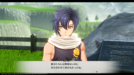 Das Bild zeigt einen männlichen Charakter aus dem Spiel Trails in the Sky 2nd Chapter. Er hat schulterlange, dunkle Haare und trägt ein ärmelloses Oberteil mit einem Schal. In der Landschaft im Hintergrund sind sanfte Hügel und eine grüne Umgebung zu sehen, die eine friedliche Atmosphäre vermittelt. Der Charakter hat einen nachdenklichen Ausdruck und spricht mit jemandem, was durch den Text unter ihm angedeutet wird. Die gesamte Szenerie deutet auf ein Abenteuer in einer fantastischen Welt hin.