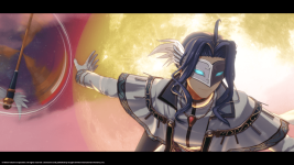 Das Bild zeigt eine elegante, maskierte Figur mit langen, dunklen Haaren, die majestätisch auf einer Szenerie posiert, die einen großen Mond im Hintergrund hat. Die Figur trägt einen auffälligen, kunstvoll gestalteten Umhang und hat eine besondere Ausstrahlung. Die Umgebung ist in kräftigen, sanften Farben gehalten, was die mystische Atmosphäre unterstreicht. Es scheint, als ob die Figur einen dramatischen Moment erlebt, was den Eindruck von Spannung und Abenteuer verstärkt.