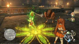 Das Bild zeigt eine Szene aus einem JRPG, in der zwei charakteristische Figuren in einer fantasievollen Umgebung miteinander interagieren. Eine der Figuren, die eine grüne Rüstung trägt, scheint eine magische Fähigkeit zu aktivieren, woraufhin ein leuchtendes, pflanzenartiges Symbol auf dem Boden erscheint. Die andere Figur in der Szene wirkt aufmerksam und bereit für den Kampf, während ein kreatives, tierähnliches Monster in ihrer Nähe steht. Die Grafik ist modern und farbenfroh, was die aufregende Atmosphäre des Spiels unterstreicht. Im Hintergrund sind Fackeln zu sehen, die zusätzlich zur Stimmung beitragen. Das HUD im Bild deutet darauf hin, dass Spieler wichtige Informationen zur Verfügung stehen, während sie die Kämpfe strategisch angehen.