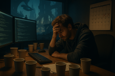 Das Bild zeigt einen erschöpften Entwickler, der an seinem Arbeitsplatz sitzt. Vor ihm befinden sich mehrere Kaffeebecher, die auf eine lange Arbeitszeit hindeuten. Der Entwickler hat seine Hand an die Stirn gelegt und wirkt gestresst. Im Hintergrund sind zwei Computerbildschirme sichtbar, auf denen Programmiercode zu sehen ist. Die Atmosphäre ist düster und vermittelt das Gefühl von Druck und Anspannung, während im Hintergrund futuristische Architektur durch ein Fenster sichtbar ist. An der Wand hängt ein Kalender, der auf die bevorstehenden Abgabetermine hinweist.