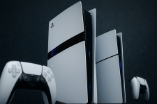 Das Bild zeigt eine PlayStation 5 Konsole in einem modernen und minimalistischen Ambiente. Die Konsole steht vertikal und hebt sich durch ihr elegantes Design und die charakteristische weiße und schwarze Farbgestaltung hervor. Neben der Konsole ist ein PlayStation 5 Controller sichtbar, der auf einem Tisch liegt. Die Hintergrundbeleuchtung und der helle Hintergrund verleihen dem Bild eine futuristische Atmosphäre, die die technische Raffinesse des Geräts betont.