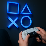 Das Bild zeigt eine Nahaufnahme eines Spielers, der einen PlayStation 5 Controller in der Hand hält. Im Hintergrund sind die ikonischen Symbole der PlayStation, ein Kreuz, ein Kreis, ein Quadrat und ein Dreieck, in einem sanften blauen Licht beleuchtet. Die Stimmung wirkt modern und ansprechend, was die Verbindung zur Gaming-Welt unterstreicht. Der Fokus liegt auf dem Controller, der von einer Hand gehalten wird, während die anderen Elemente des Bildes im Hintergrund im Schatten bleiben, um die Aufmerksamkeit auf das Spielerlebnis zu lenken.
