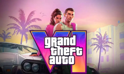 Das Bild zeigt das Logo des Videospiels Grand Theft Auto 6, umgeben von einer bunten, tropischen Kulisse, die an eine Küstenstadt erinnert. Im Vordergrund sind zwei Charaktere, ein Mann und eine Frau, abgebildet. Die farbenfrohe Grafik vermittelt ein Gefühl von Abenteuer und Aufregung, was typisch für die GTA-Serie ist. Palmblätter und ein klassisches Fahrzeug im Hintergrund verstärken das sommerliche, lässige Ambiente. Das gesamte Design ist modern und ansprechend, was die Vorfreude auf das Spiel steigert.