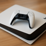 Das Bild zeigt eine PlayStation 5 Konsole in einem modernen Design, kombiniert mit einem DualSense Controller in den typischen Farben Schwarz und Weiß. Die Konsole steht auf einer Tafel, die ein schlichtes und minimalistisches Aussehen hat. Sie ist prominent im Fokus des Bildes platziert und symbolisiert die Begeisterung für Gaming sowie die Vorfreude auf kommende Spiele wie GTA 6, die exklusiv für diese Plattform veröffentlicht werden. Die Gesamtkomposition vermittelt ein Gefühl von Innovation und technologischem Fortschritt im Bereich des Gamings.