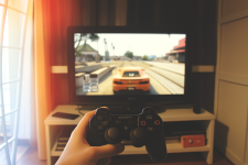 Auf dem Bild sieht man eine Person, die einen Controller in der Hand hält und auf einen Fernseher schaut. Auf dem Bildschirm ist eine Spielsituation aus Grand Theft Auto zu sehen, in der ein rotes Auto auf einer Straße fährt. Die Umgebung wirkt modern, und es gibt ein Gefühl der Dynamik und Action. Der Raum ist gemütlich eingerichtet, was auf eine entspannte Gaming-Atmosphäre hinweist.