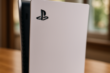 Das Bild zeigt die PlayStation 5 in einer eleganten, modernen Form. Der Konsolen-Korpus ist überwiegend weiß mit strukturierten schwarzen Elementen an der Seite. Die Linienführung der PS5 wirkt futuristisch und hochwertig. Im Hintergrund ist unscharfe Technik zu erkennen, was auf eine spielegtete Umgebung hinweist. Diese Darstellung vermittelt den Eindruck eines leistungsstarken Gaming-Geräts.