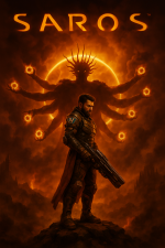 Das Bild zeigt einen futuristischen Charakter in einem herausfordernden Science-Fiction-Setting. Der Protagonist steht auf einem felsigen Untergrund und blickt entschlossen in die Ferne. Er trägt eine markante Rüstung, die sowohl Schutz als auch Stil vereint, und hält eine beeindruckende Waffe in der Hand. Im Hintergrund sieht man ein leuchtendes, mystisches Wesen mit vielen Armen, das eine bedrohliche Aura ausstrahlt. Die gesamte Szene ist in warmen, intensiven Farben gehalten, die eine dramatische und spannungsgeladene Atmosphäre erzeugen. Der Titel Saros ist prominent platziert und verstärkt den Eindruck von Action und Abenteuer. Das Bild zeigt einen futuristischen Charakter in einem herausfordernden Science-Fiction-Setting. Der Protagonist steht auf einem felsigen Untergrund und blickt entschlossen in die Ferne. Er trägt eine markante Rüstung, die sowohl Schutz als auch Stil vereint, und hält eine beeindruckende Waffe in der Hand. Im Hintergrund sieht man ein leuchtendes, mystisches Wesen mit vielen Armen, das eine bedrohliche Aura ausstrahlt. Die gesamte Szene ist in warmen, intensiven Farben gehalten, die eine dramatische und spannungsgeladene Atmosphäre erzeugen. Der Titel Saros ist prominent platziert und verstärkt den Eindruck von Action und Abenteuer.